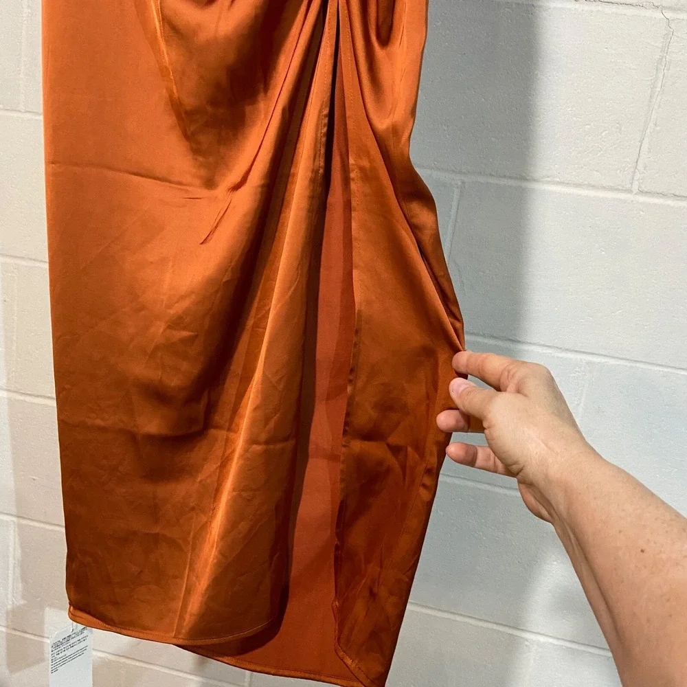 Abercrombie & Fitch Satin Maxi Skirt XSMALL Copper Front Slit Ruched Date NIght‎